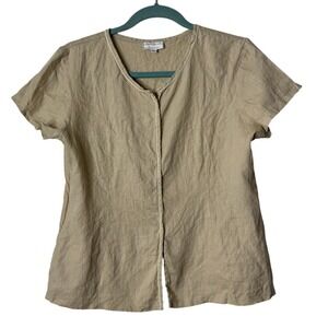 VTG Anne French Tan Short Sleeve Linen Blend Top Womens XL Side Zip Minimalist